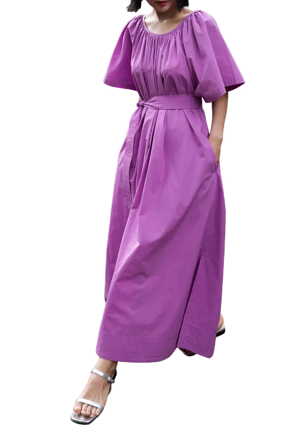 Robe longue femme ample col rond ouverte côté été 3