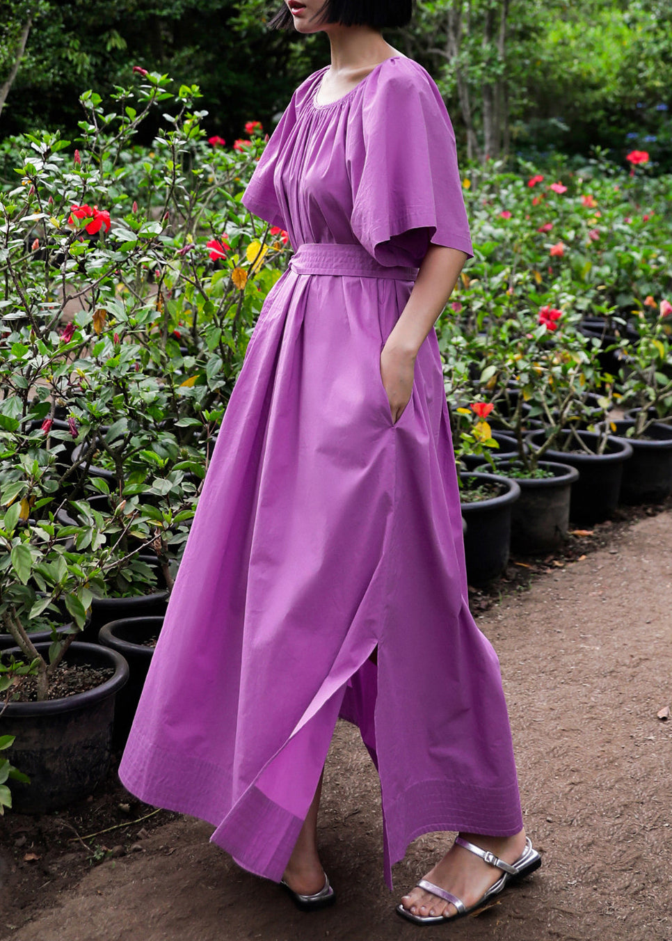 Robe longue femme ample col rond ouverte côté été 4