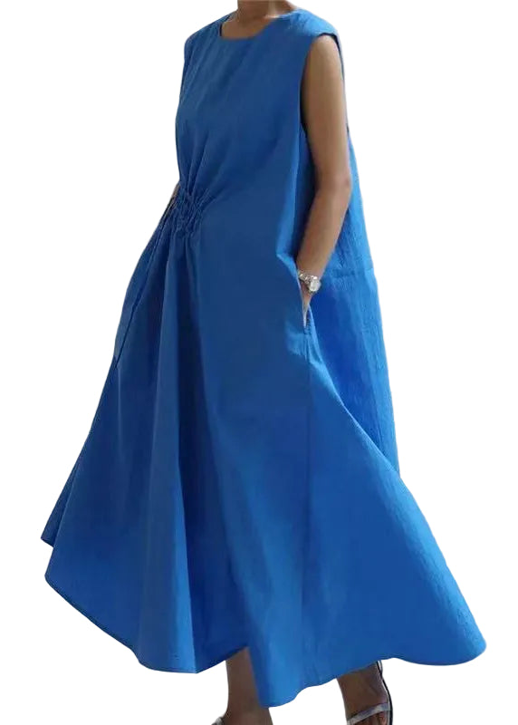 Robe longue femme ample sans manches à col rond avec cordon de serrage 0