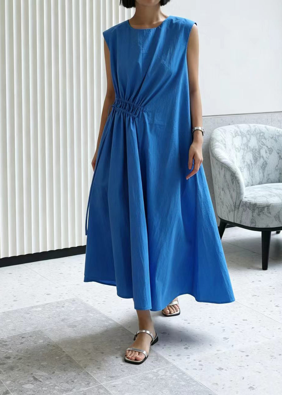 Robe longue femme ample sans manches à col rond avec cordon de serrage 1