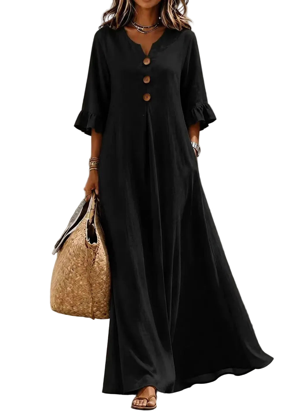 Robe longue femme col V boutonnée manches papillon ample 0