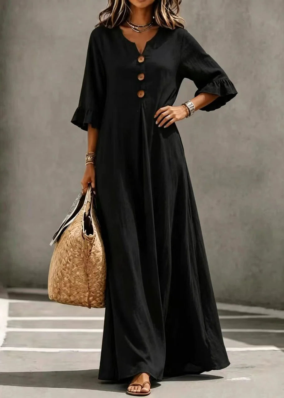 Robe longue femme col V boutonnée manches papillon ample 1