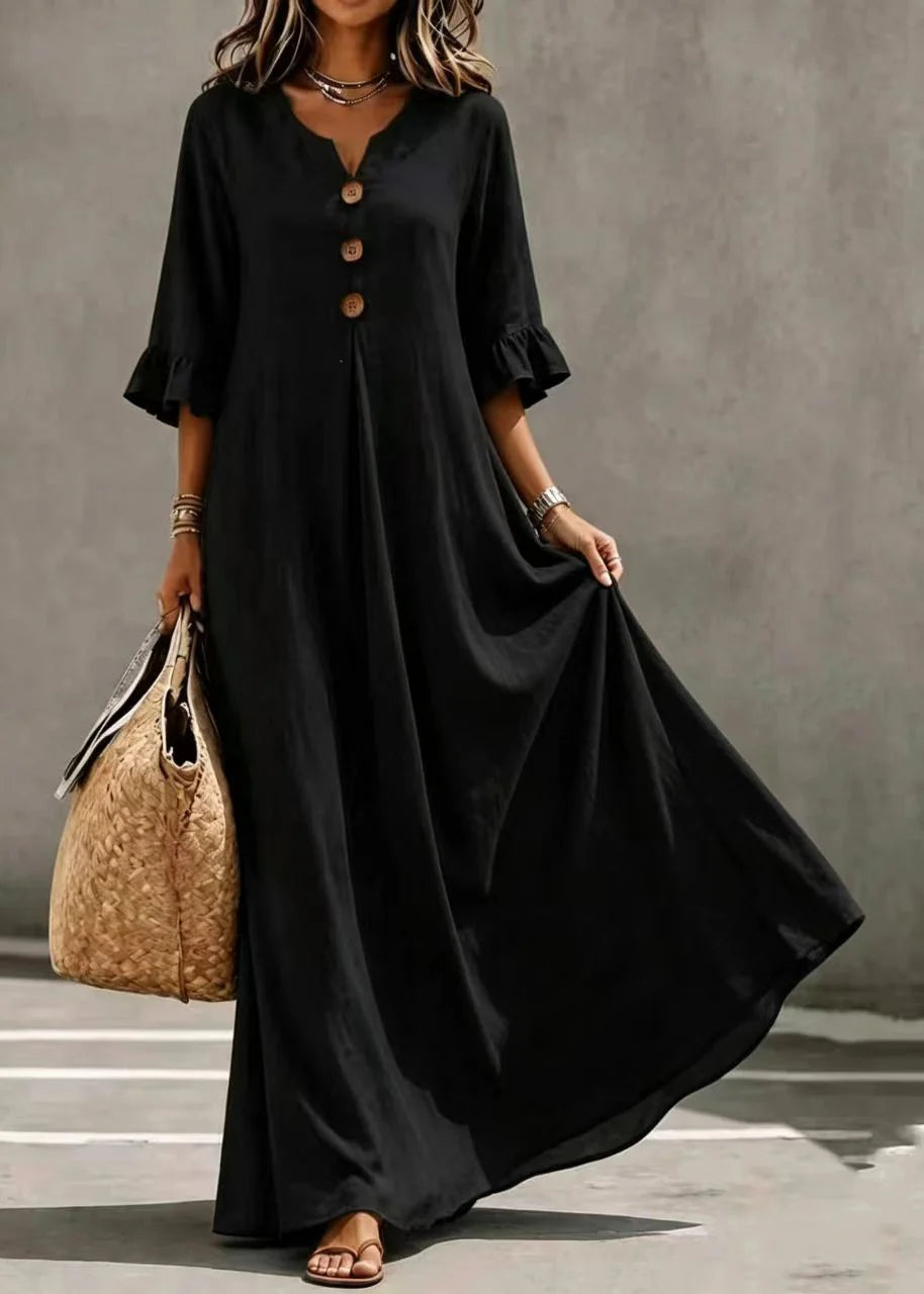 Robe longue femme col V boutonnée manches papillon ample 2