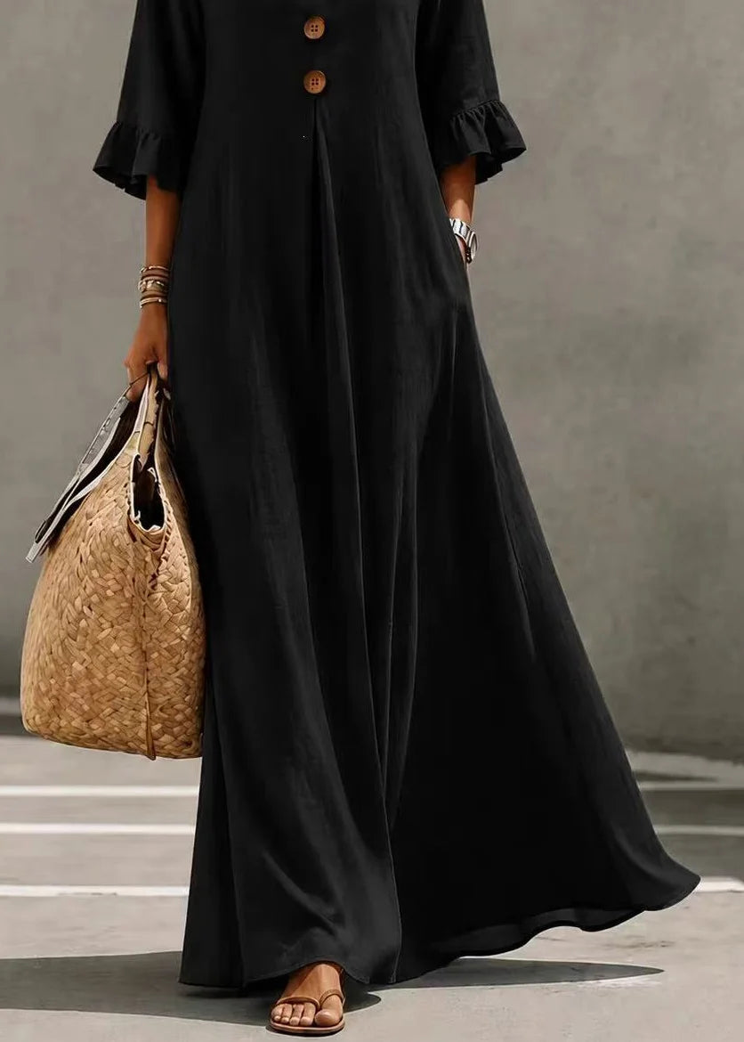 Robe longue femme col V boutonnée manches papillon ample 4