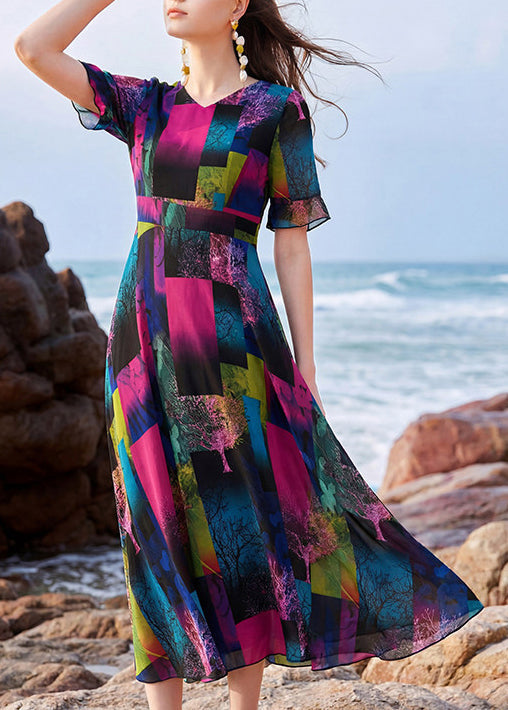 Robe longue femme col en V imprimée patchwork été 3