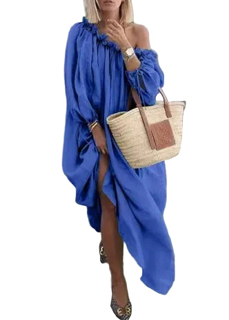 Robe longue femme col oblique manches longues ample 1