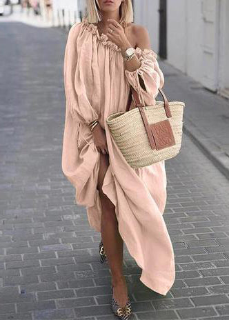Robe longue femme col oblique manches longues ample 2