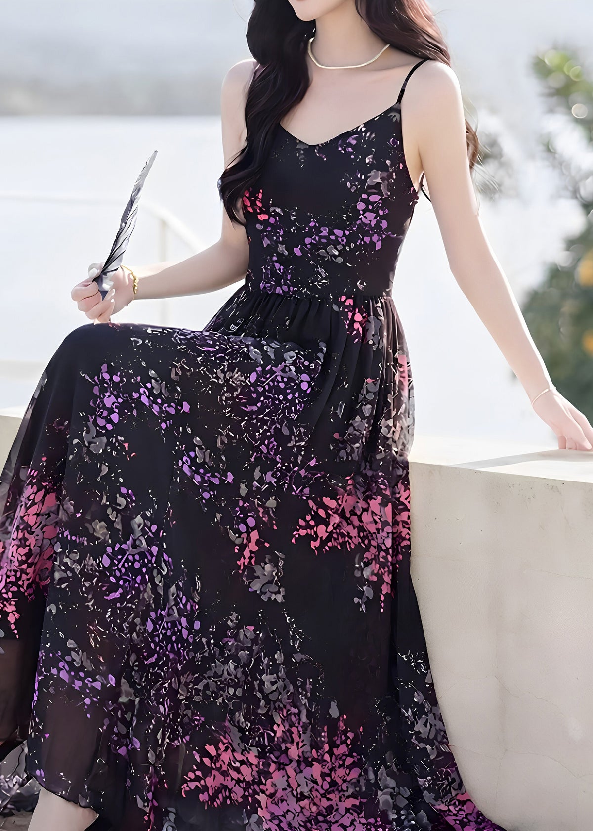 Robe longue femme style fluide à bretelles fines 3