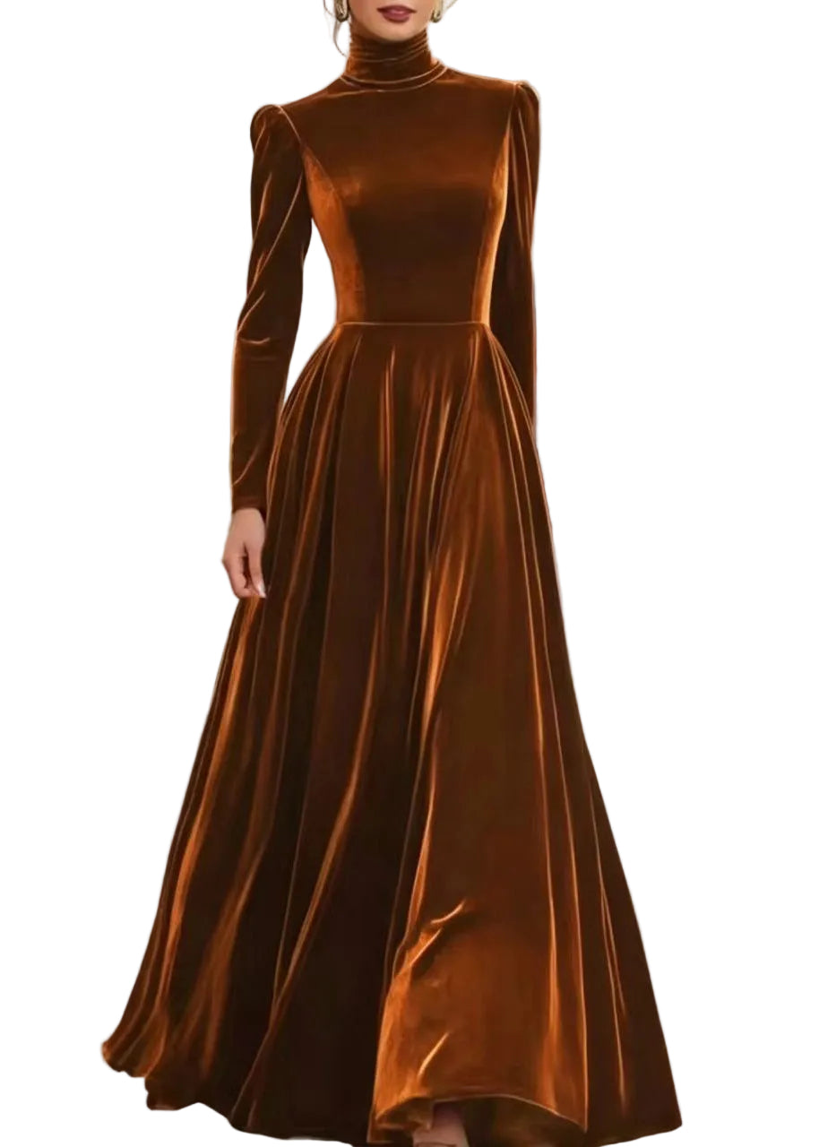 Robe longue pour femme à col haut et manches bouffantes 0