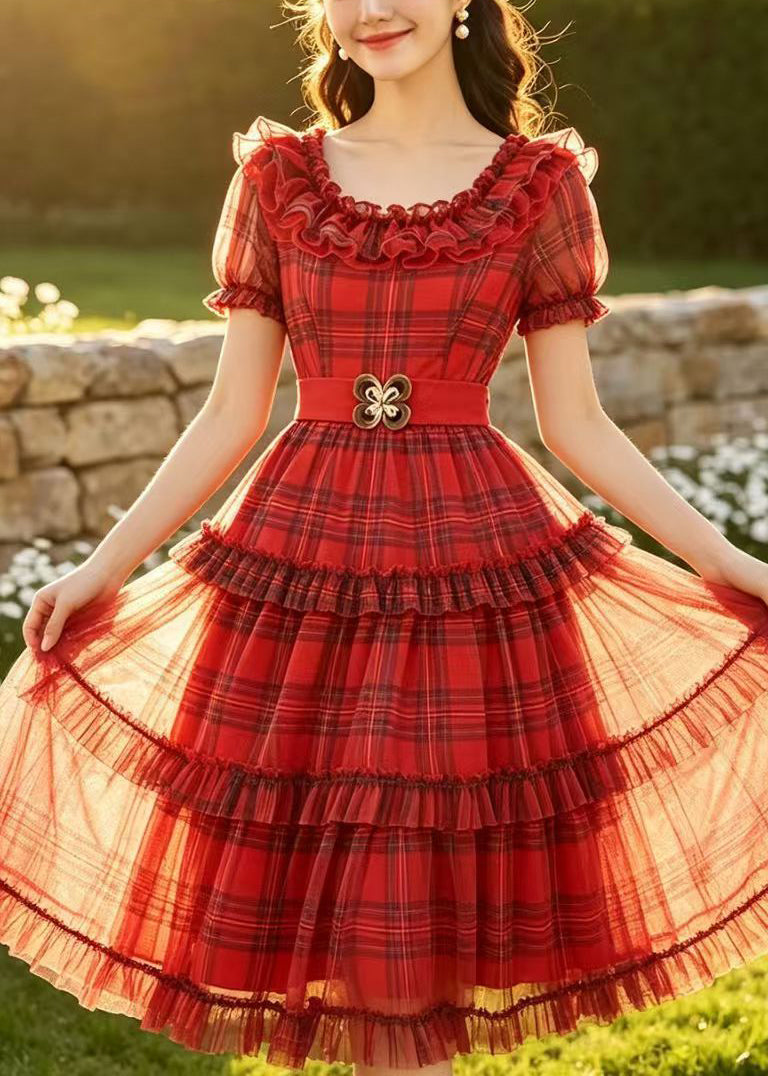 Robe mi-longue à volants pour femme style carreaux 1