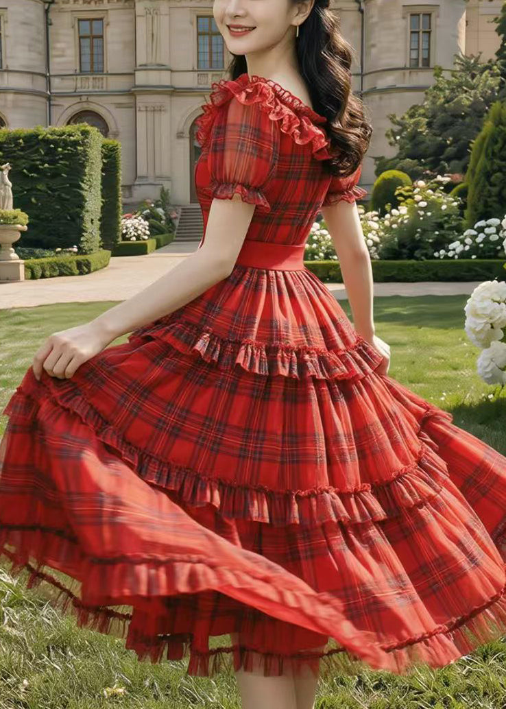 Robe mi-longue à volants pour femme style carreaux 4