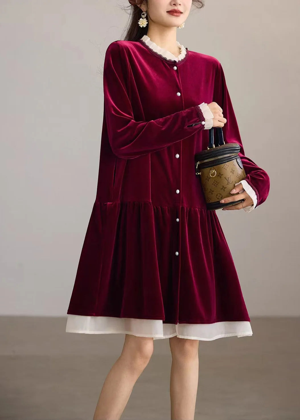 Robe midi femme ample à col rond et volants 2
