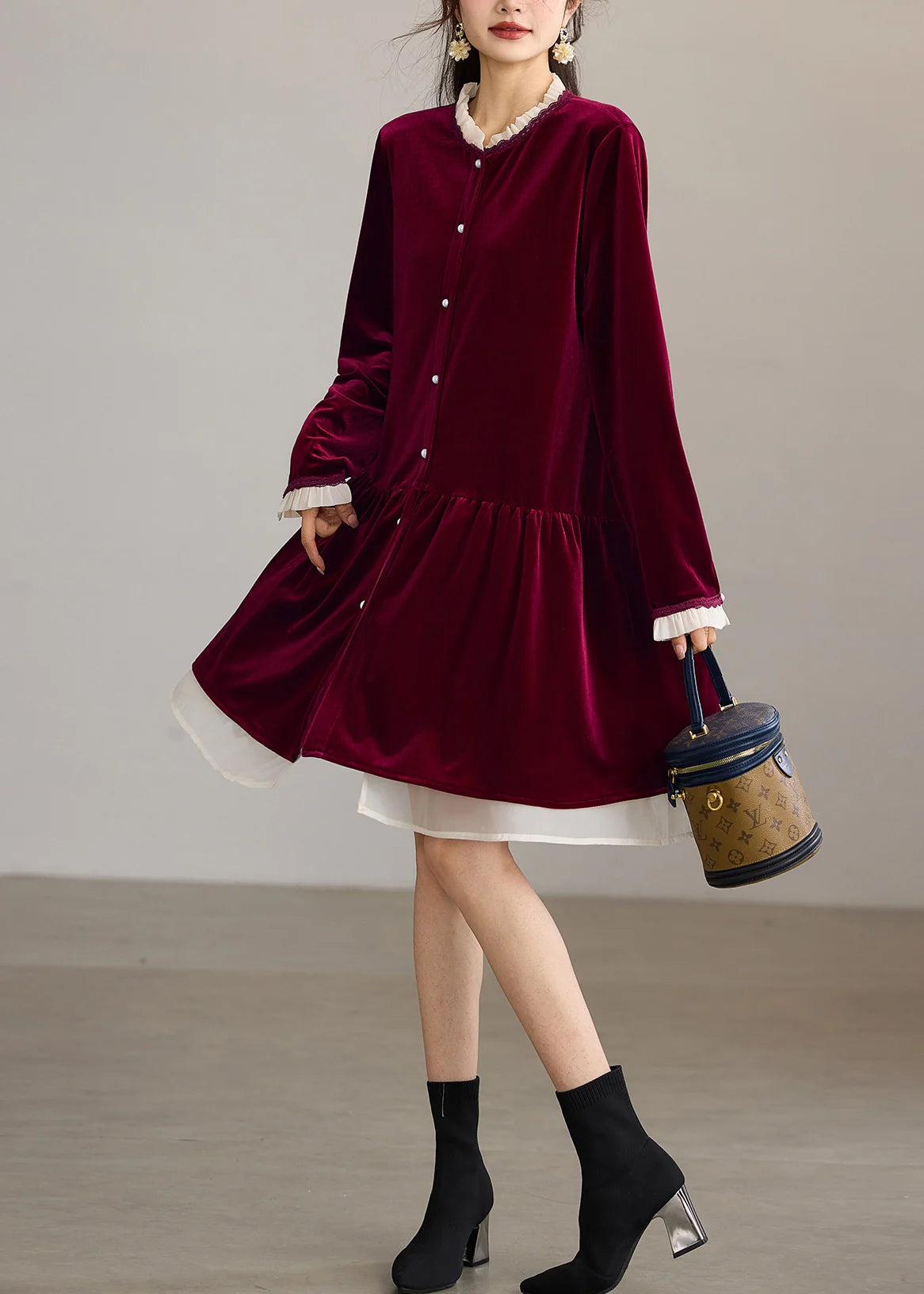 Robe midi femme ample à col rond et volants 3