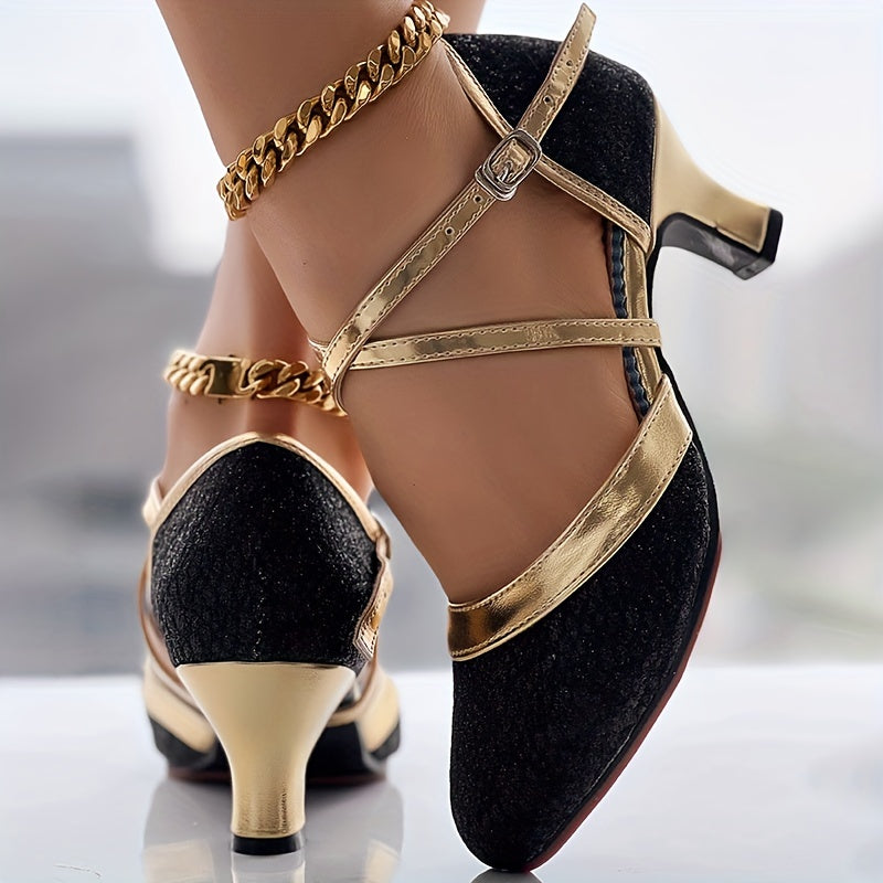 Sandales À Talons Femmes Dorées En Cuir À Bride Étroite 2
