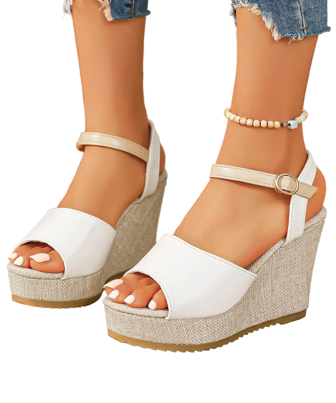 Sandales Compensées Blanches avec Boucle 0