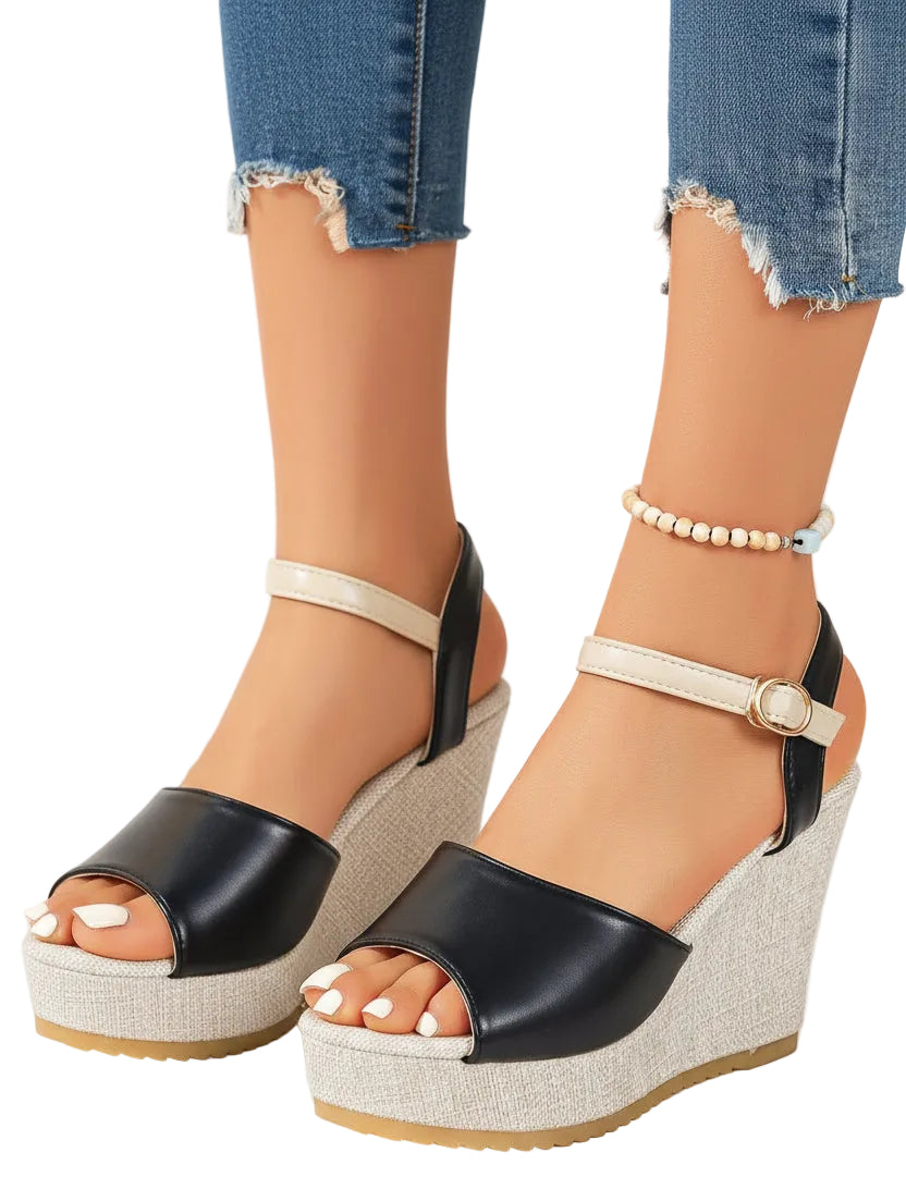 Sandales Compensées Noires avec Boucle 1