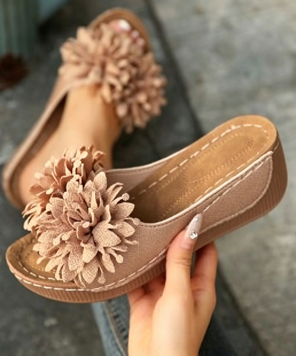 Sandales à Glissière Compensées avec Décoration Florale 3