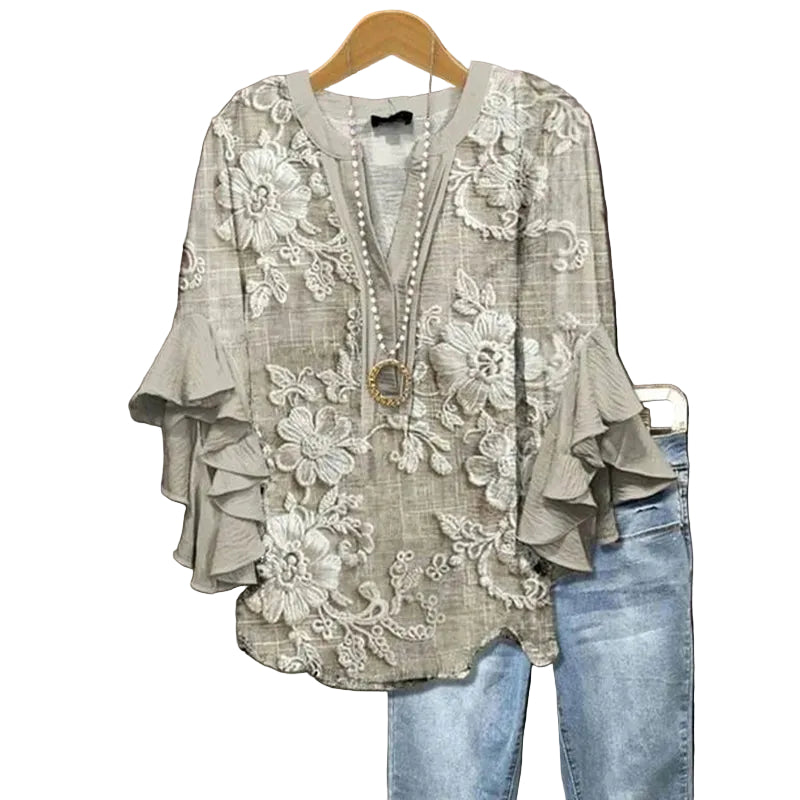 T-shirt femme à motif floral et ourlets à volants 0
