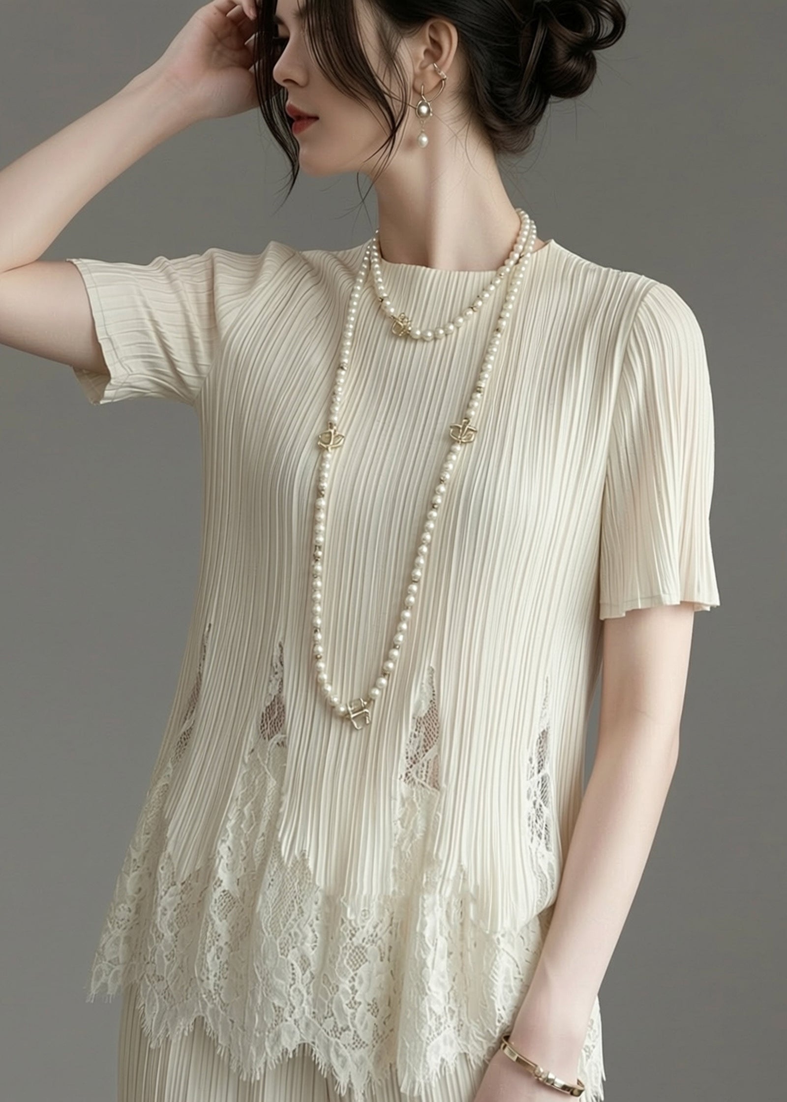 T Shirt Femme Chic à Col Rond en Dentelle Ample 1