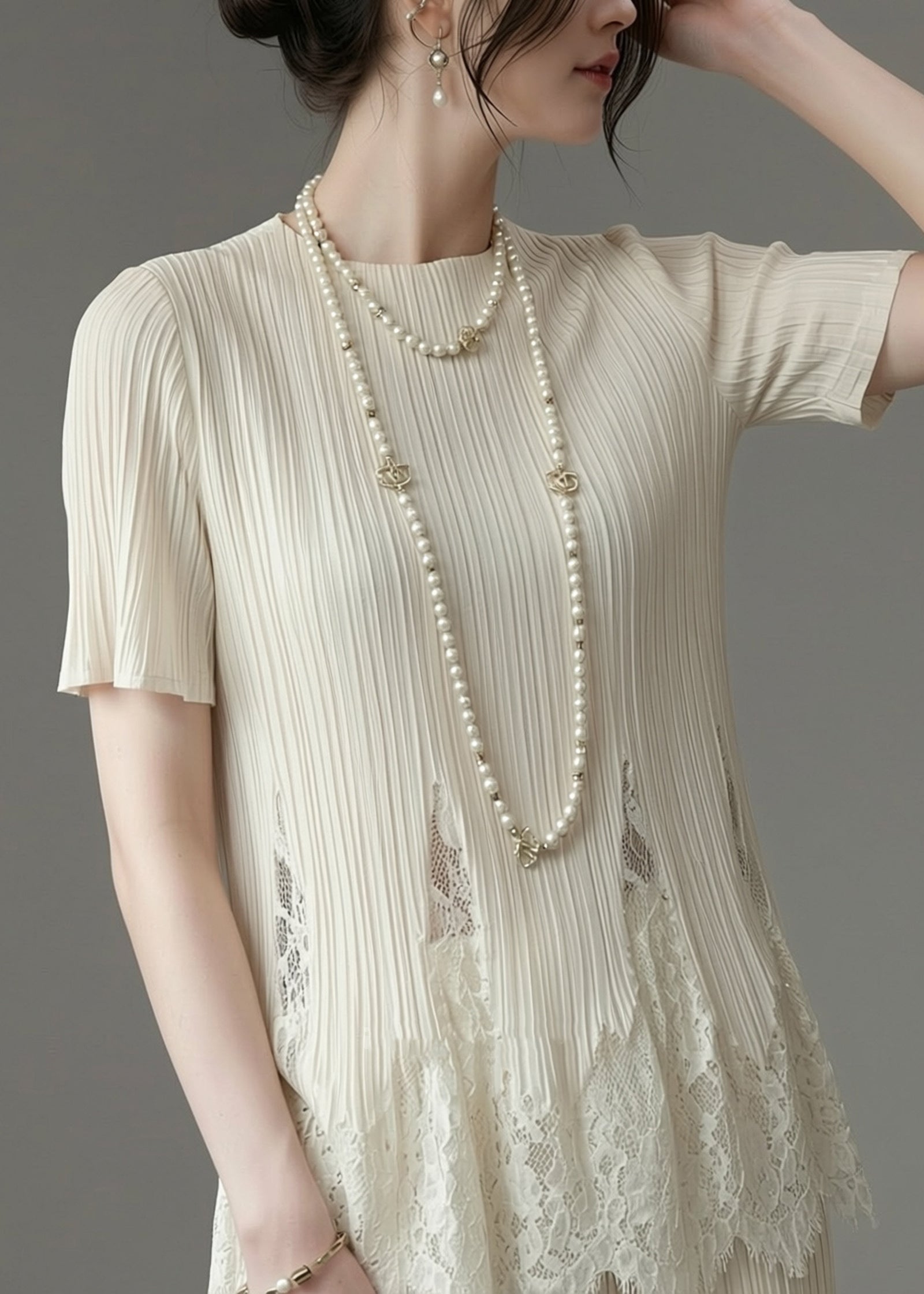T Shirt Femme Chic à Col Rond en Dentelle Ample 3