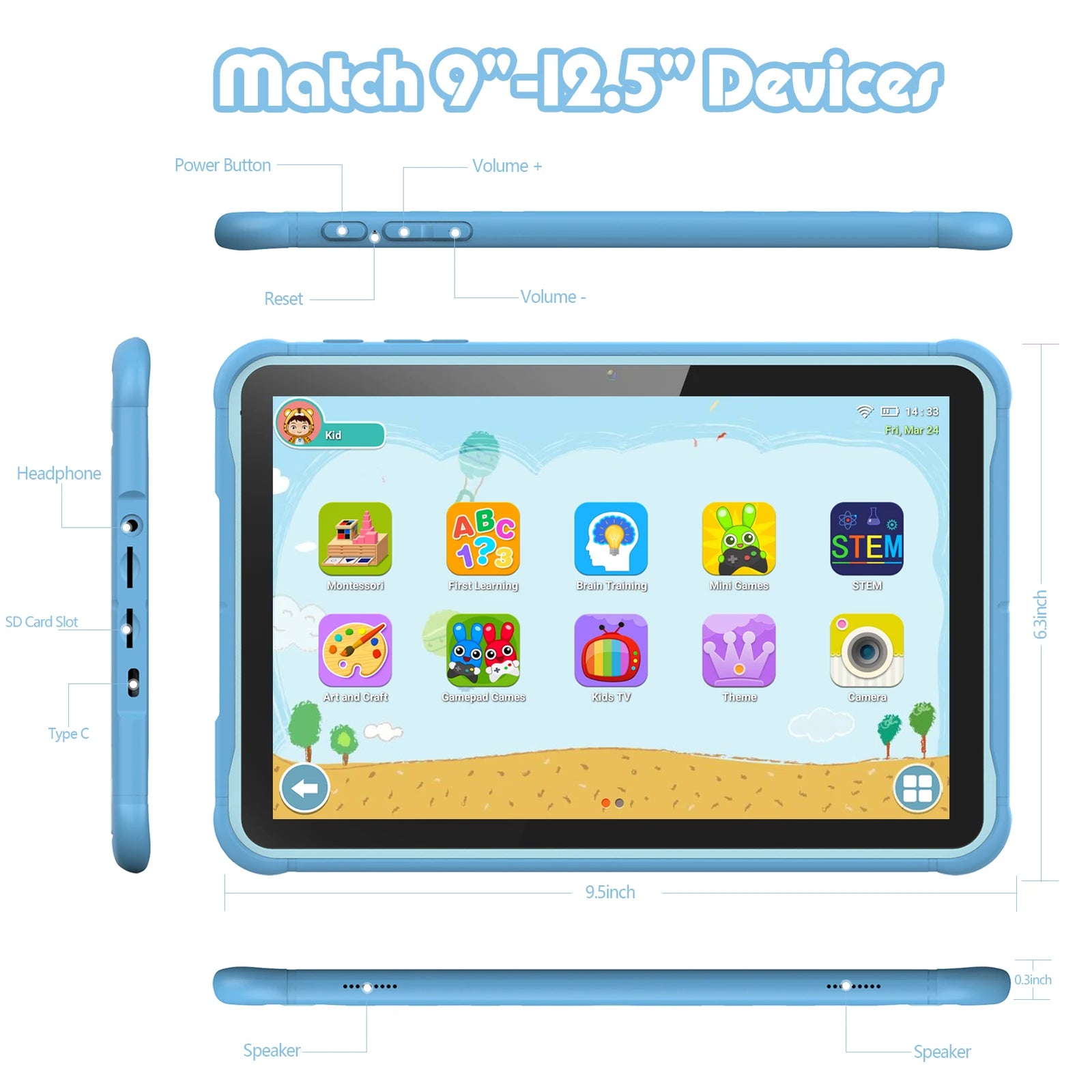 Tablette Enfant 10 Pouces Android 13 avec Processeur Quad-Core et 64 Go de Stockage 4