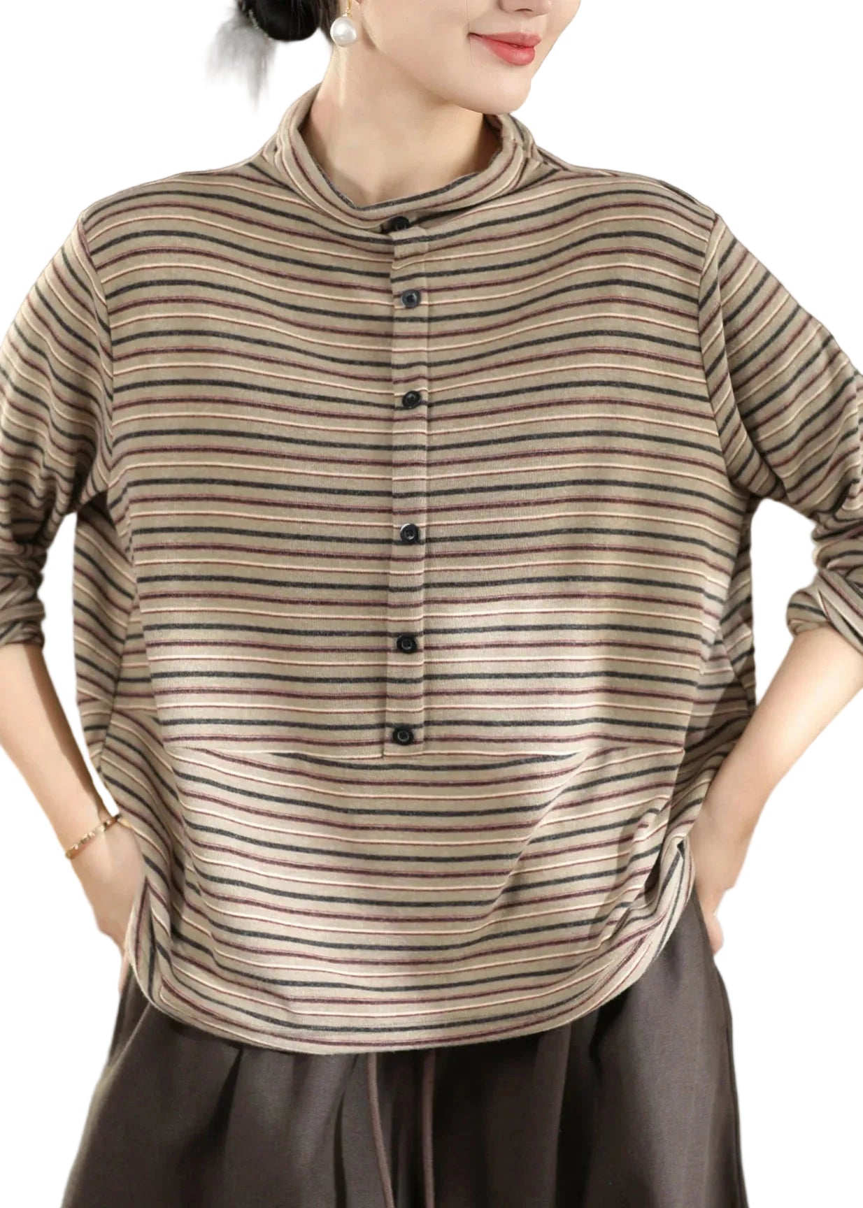 Top Femme Col Montant Rayé Style Automnal 0