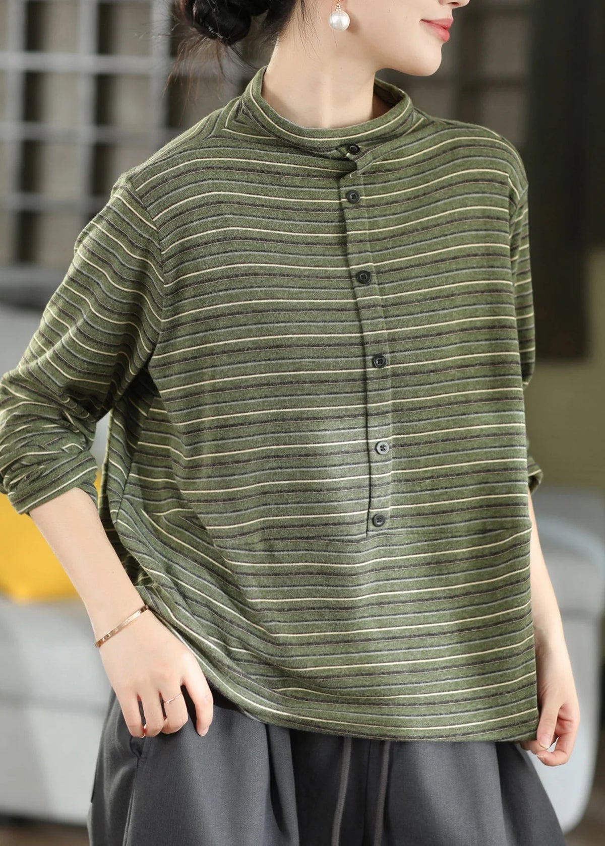 Top Femme Col Montant Rayé Style Automnal 2