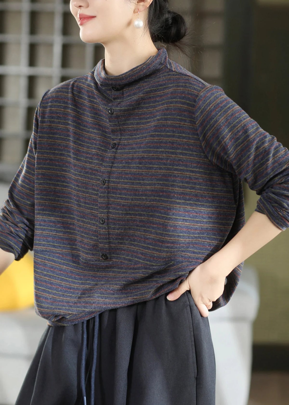 Top Femme Col Montant Rayé Style Automnal 4