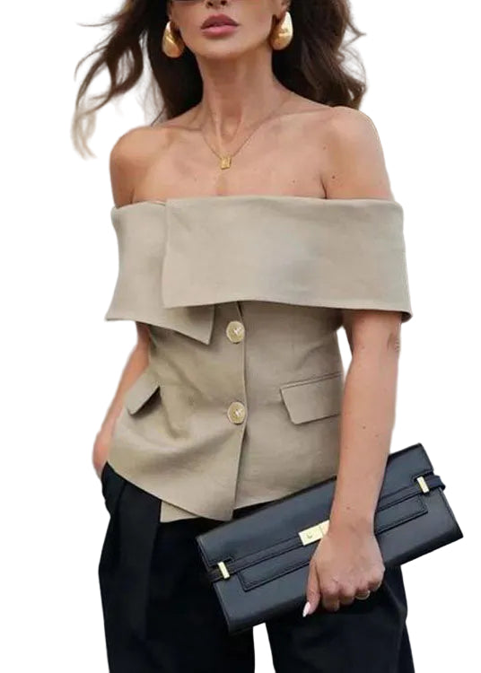 Top Femme Col Slash Épaule Dénudée Boutonné Style Estival 0