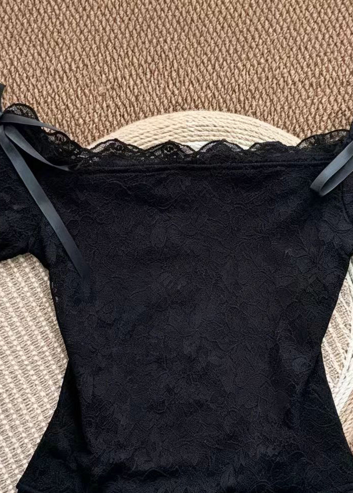 Top Femme Dentelle Nœud Col Oblique Été 1
