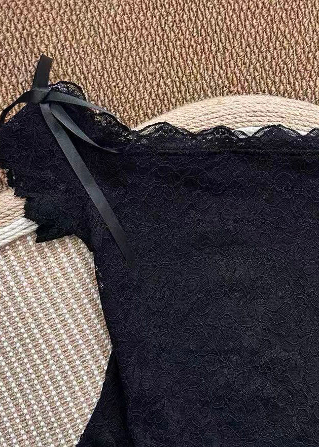 Top Femme Dentelle Nœud Col Oblique Été 2
