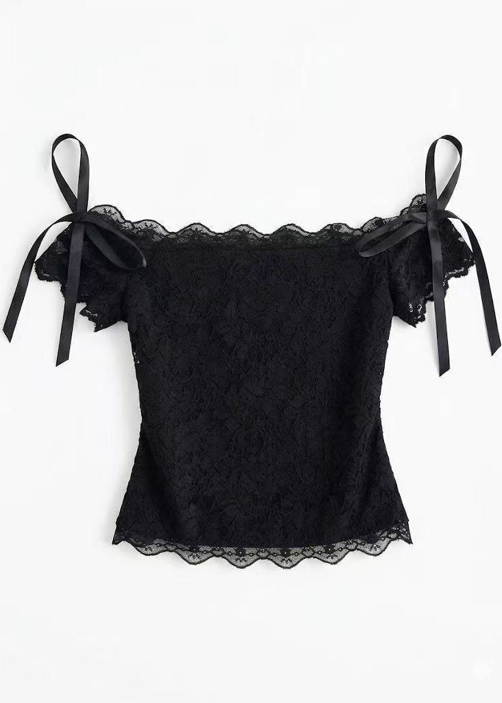 Top Femme Dentelle Nœud Col Oblique Été 4