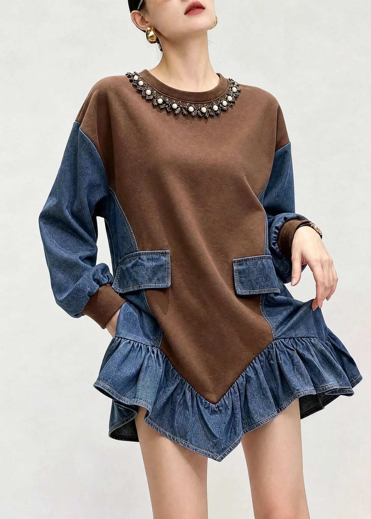 Top Femme Patchwork Asymétrique à Col Rond Automne 1