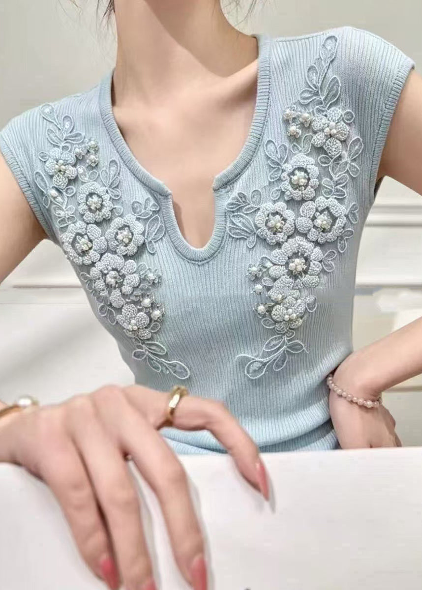 Top Femme Tricoté Col V Orné de Perles 0