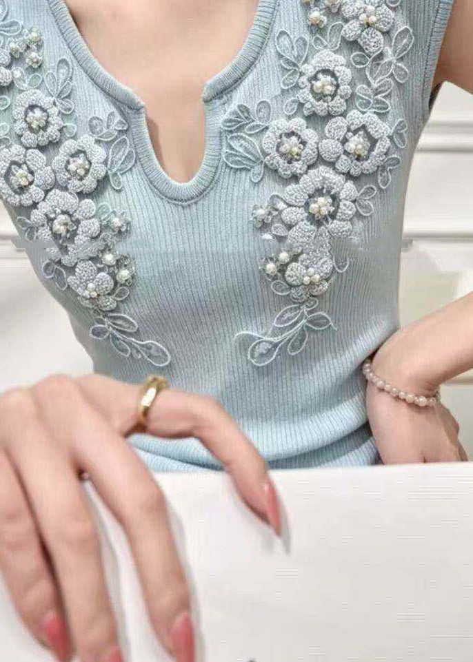 Top Femme Tricoté Col V Orné de Perles 2
