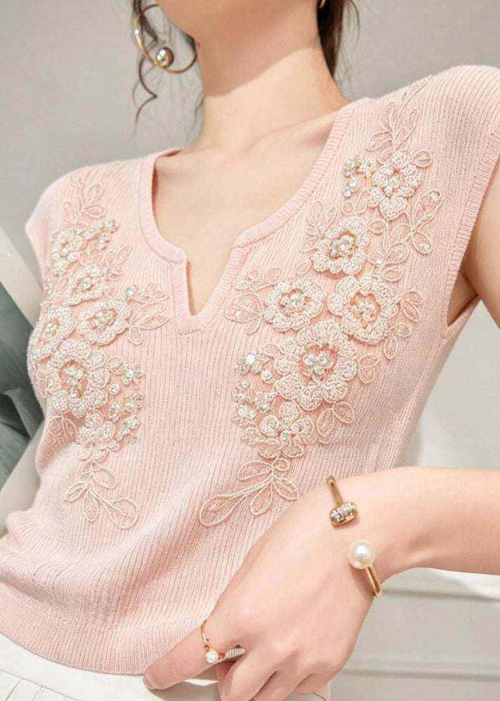Top Femme Tricoté Col V Orné de Perles 3