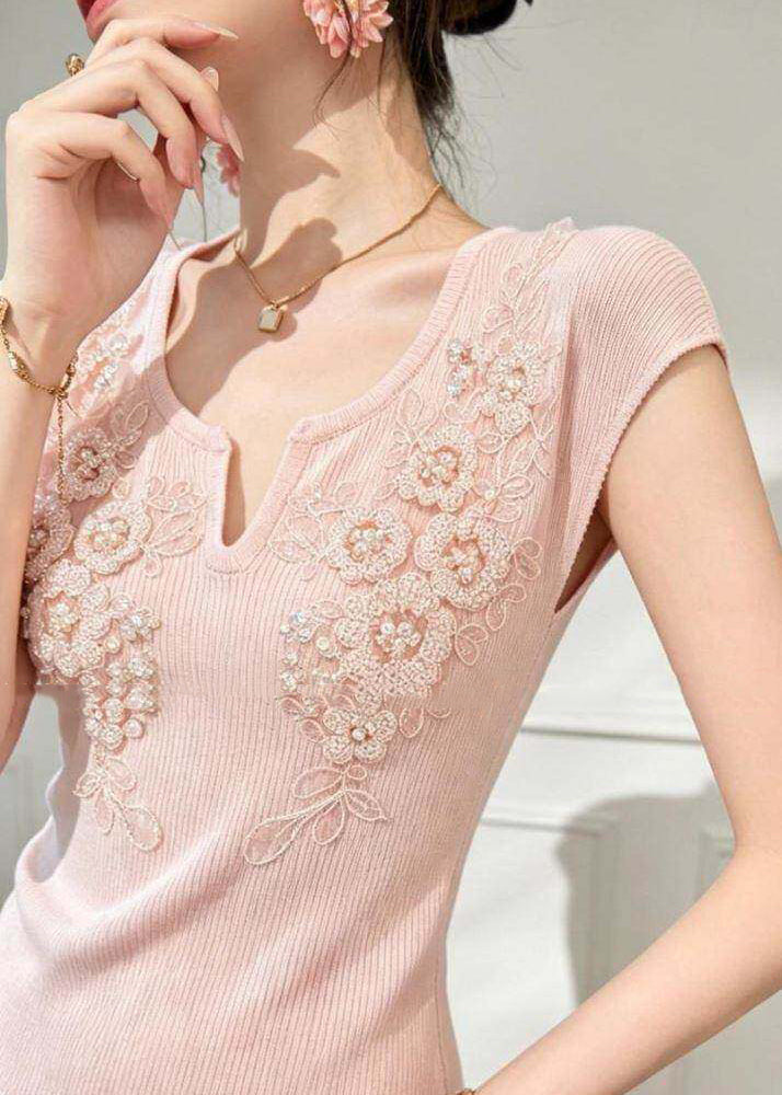 Top Femme Tricoté Col V Orné de Perles 4