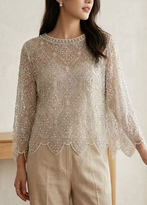 Top Femme Tulle Brodé Perles Style Estival 0