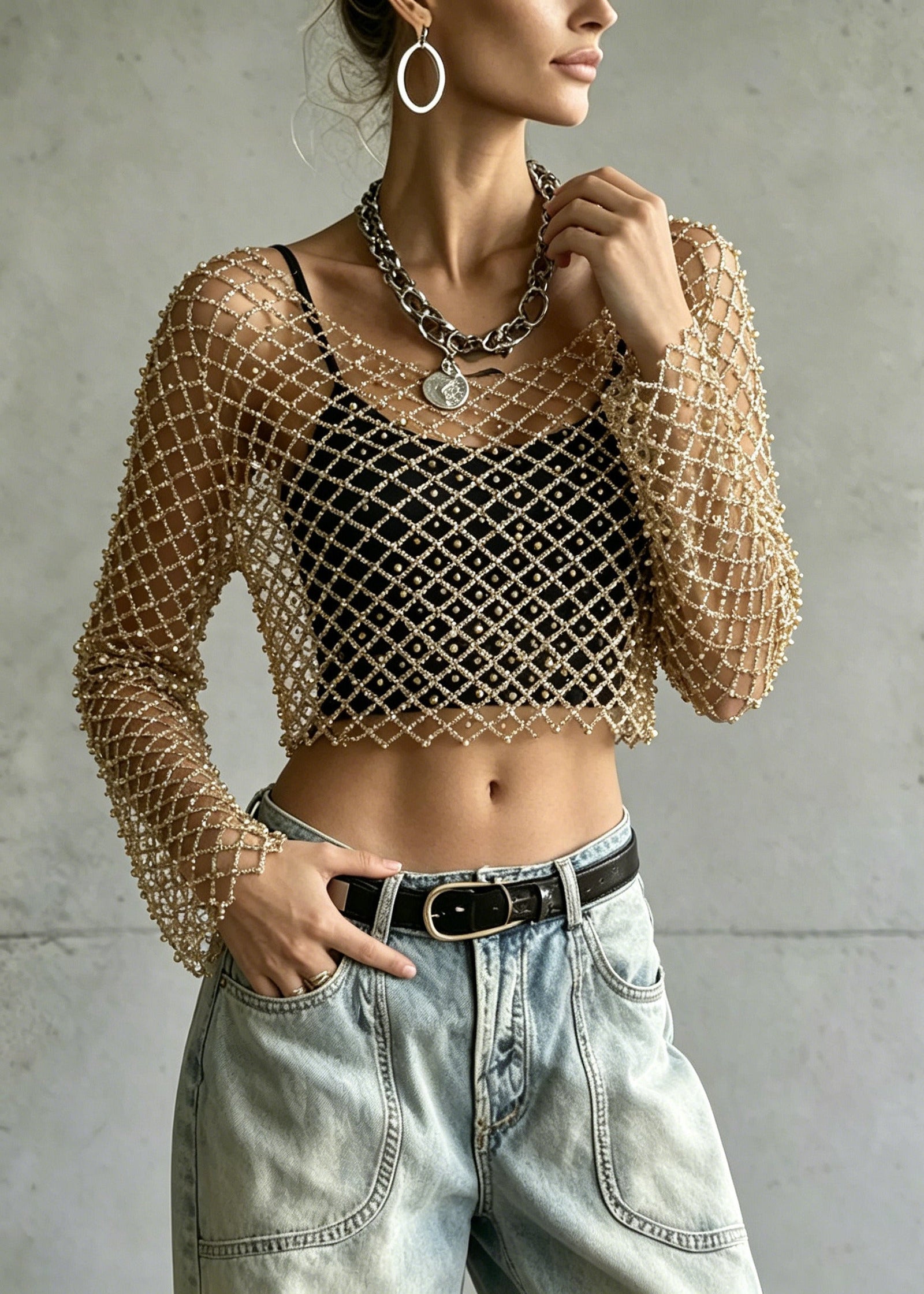Top Femme Tulle Orné de Perles Ajouré Été 1