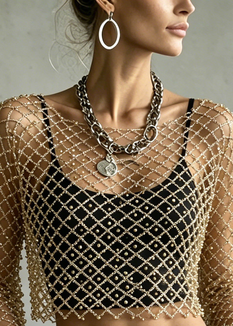 Top Femme Tulle Orné de Perles Ajouré Été 2