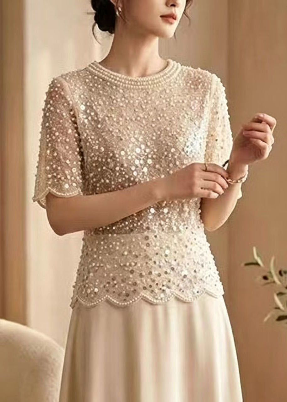 Top Femme Tulle à Paillettes et Perles Style Estival 1