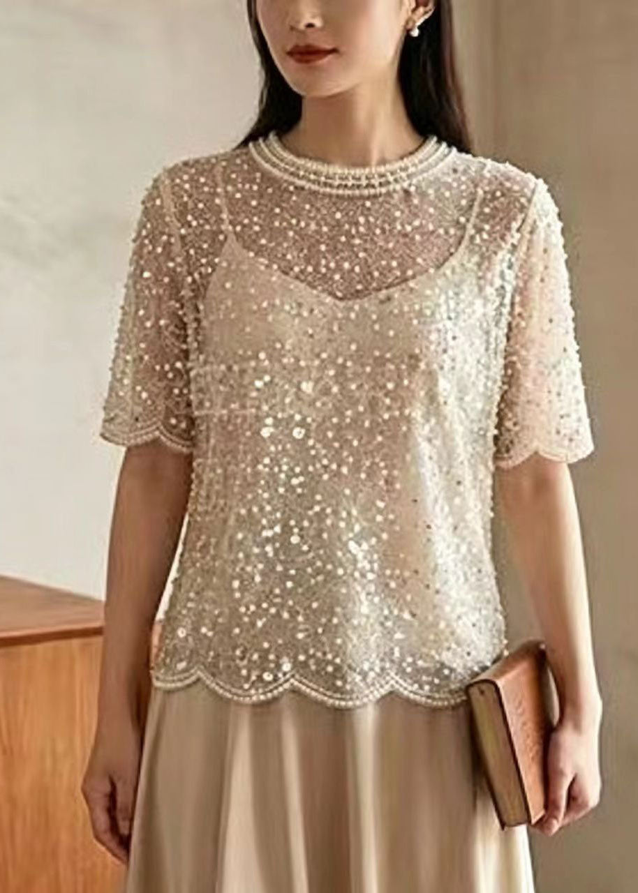 Top Femme Tulle à Paillettes et Perles Style Estival 2