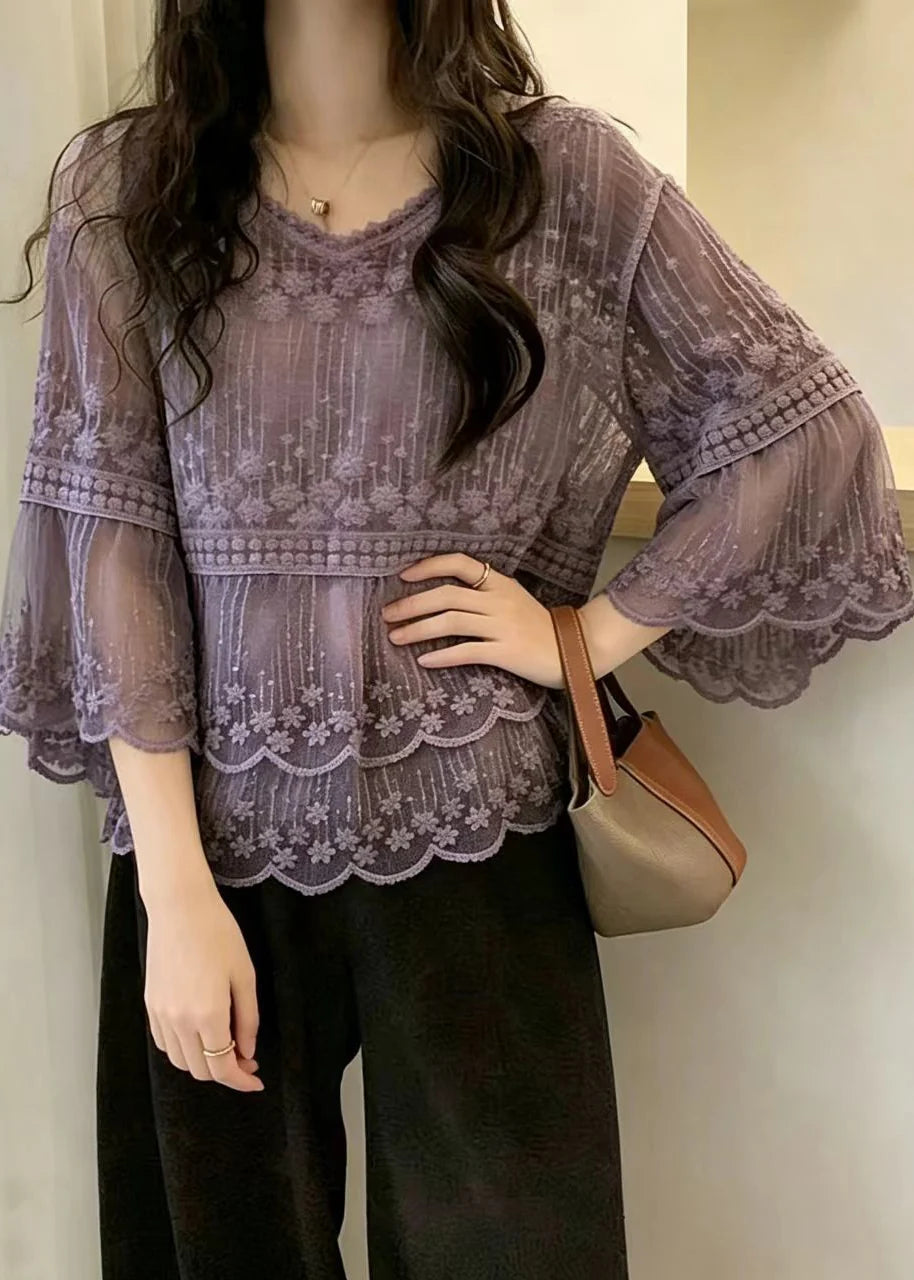 Top Femme à Col V et Manches Évasées Brodées 1