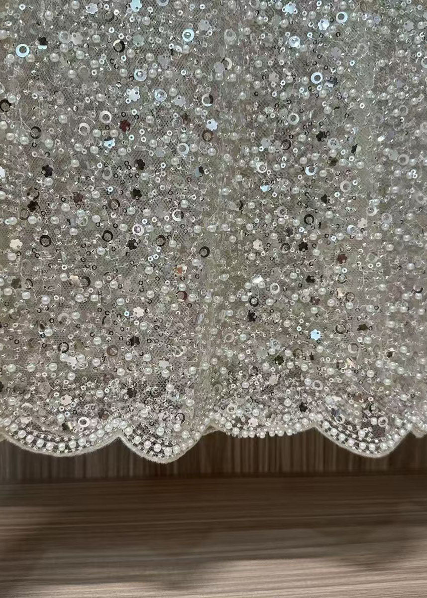 Top Femme en Tulle Perlé à Paillettes Blancs 3