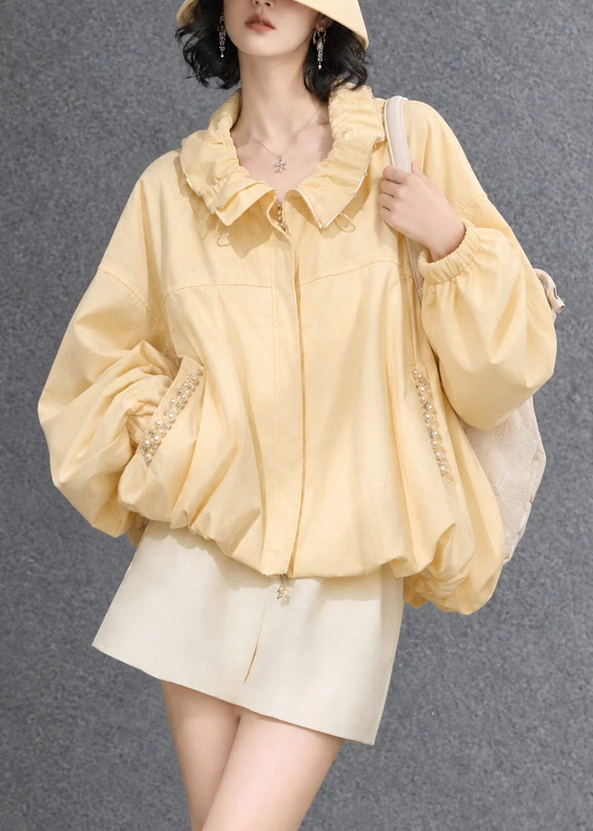 Veste Femme Automne Volants Décontractée avec Poches et Fermeture Éclair 3