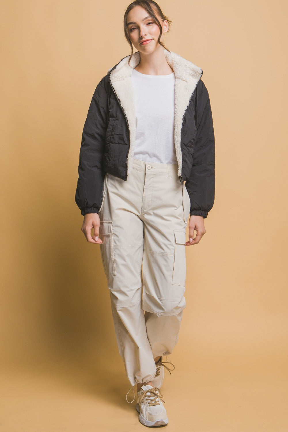 Veste Femme Croppée Réversible Nylon Sherpa à Capuche 4