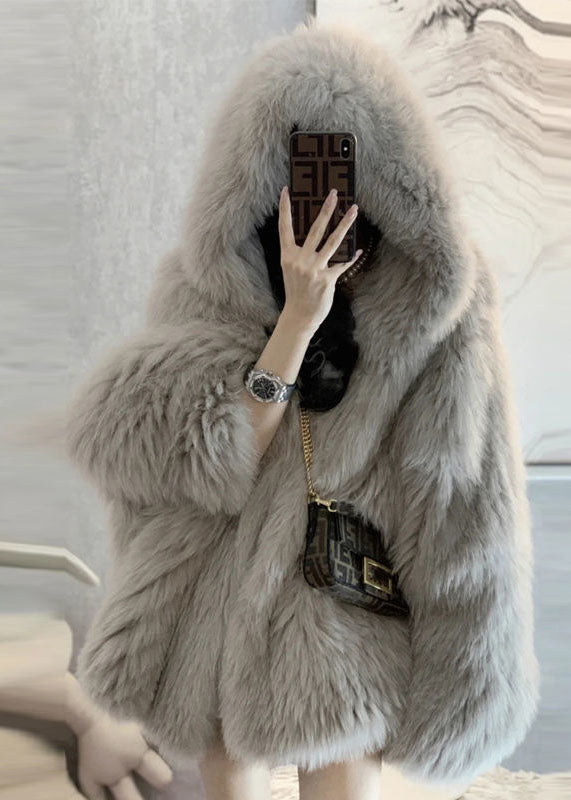 Veste à Capuche en Fausse Fourrure Grise pour Femmes 0