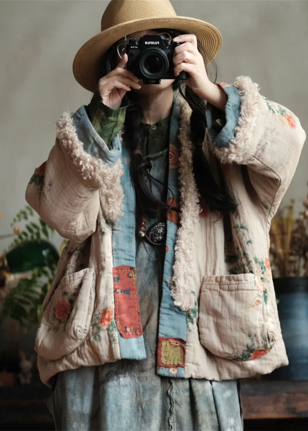 Veste d'hiver femme style bohème à patchwork et poches pratiques 3