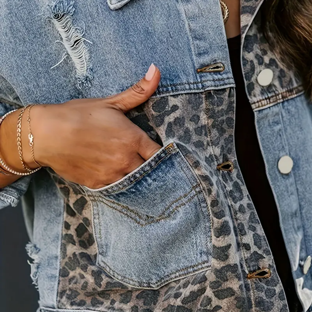 Veste en Jean Femme Imprimé Léopard Tendance Décontractée 4