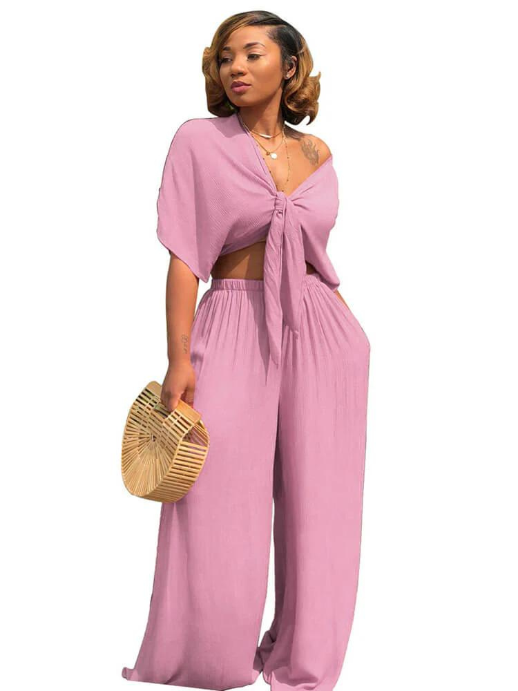 Ensemble pantalon droit et top court avec nœud papillon
